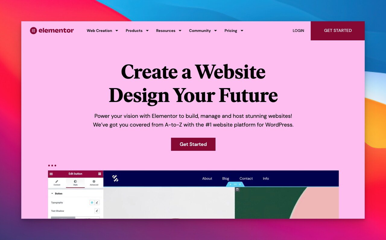 elementor landing page builder homepage with a pink background and a copy that says "create a website design your future"