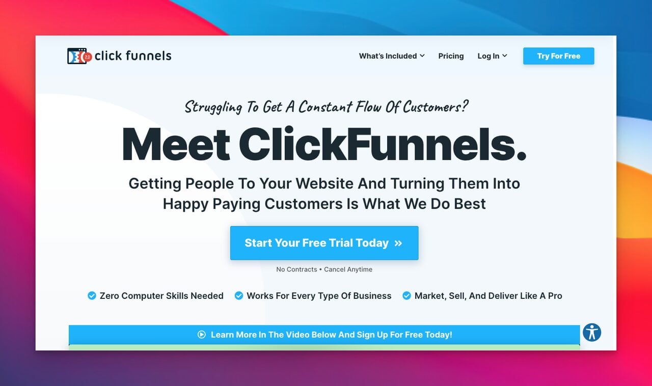 clickfunnel landing page builder tool with a big text in bold that says "Meet ClickFunnels" and a call to action