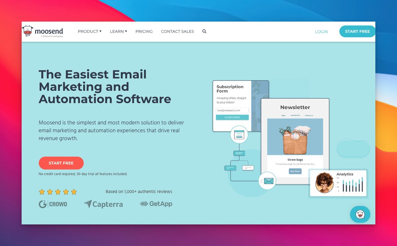 moosend landing page builder with a blue background and an illustration of landing pages on the right side 