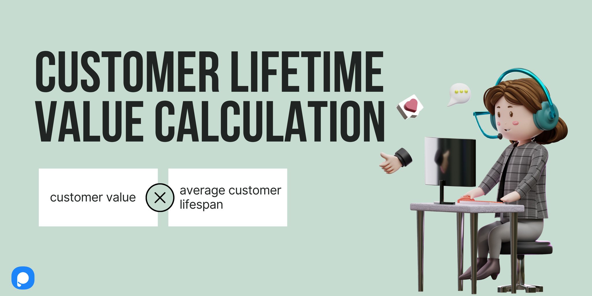 customer lifetime value calculation with a Popupsmart logo and an illustration of a woman wearing headphones and using computer