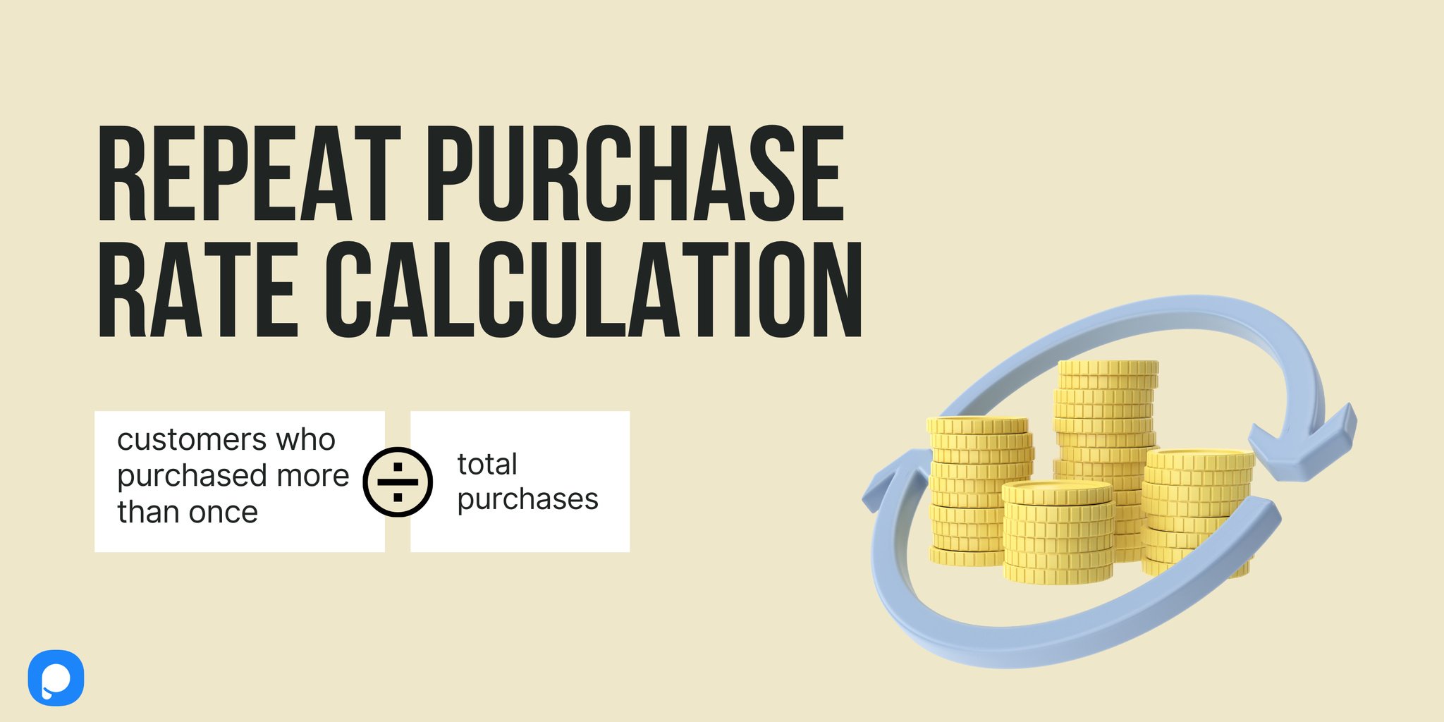 repeat purchase rate calculation with an illustration of coins and a Popupsmart logo