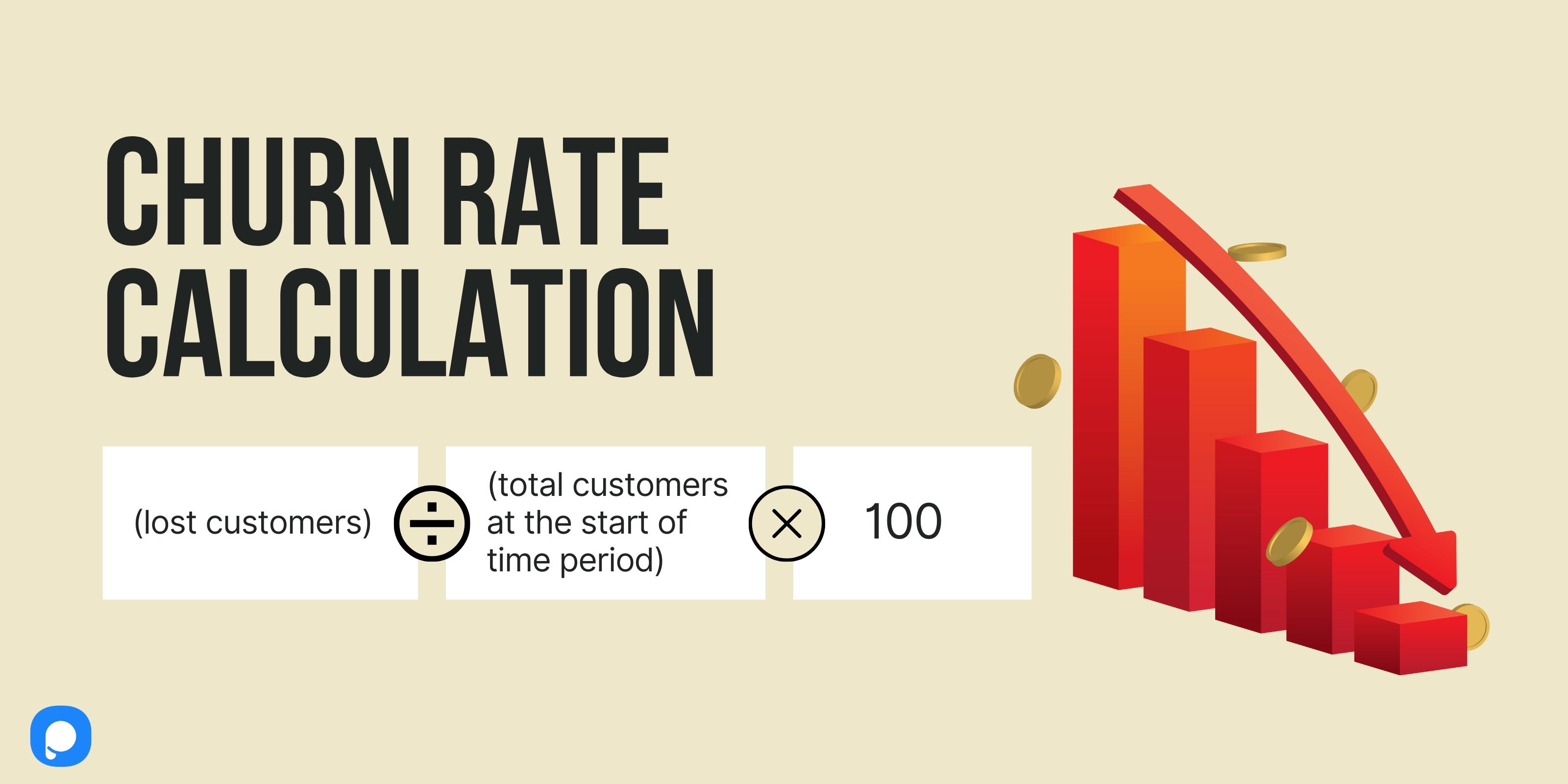 churn rate calculation with Popupsmart logo and an illustration of a diagram going down