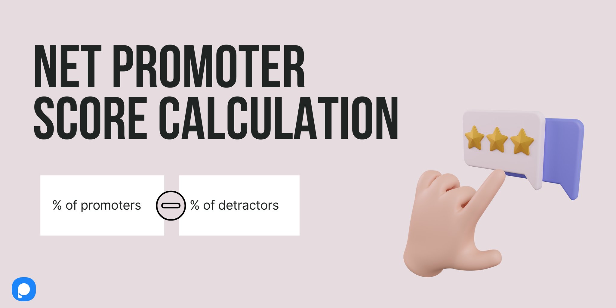 net promoter score calculation with Popupsmart logo and an illustration of a hand pointing star reviews