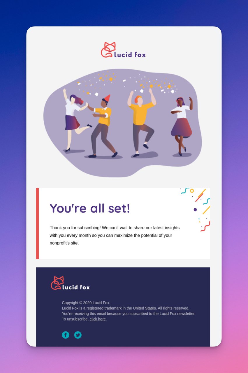 Lucid Fox confirmation email with dancing illustration