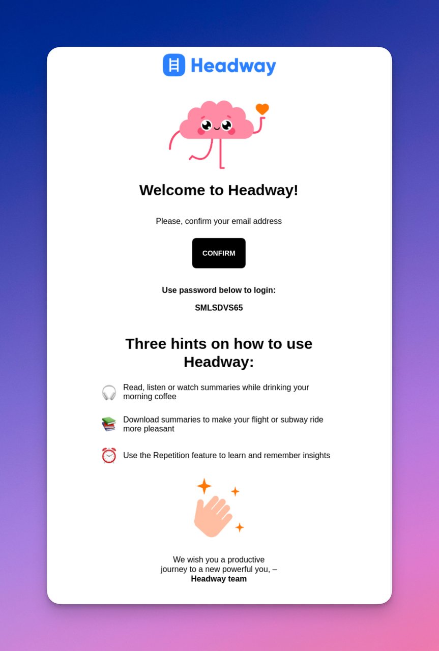 Headway confirmation email as a very pretty example using tiny figures