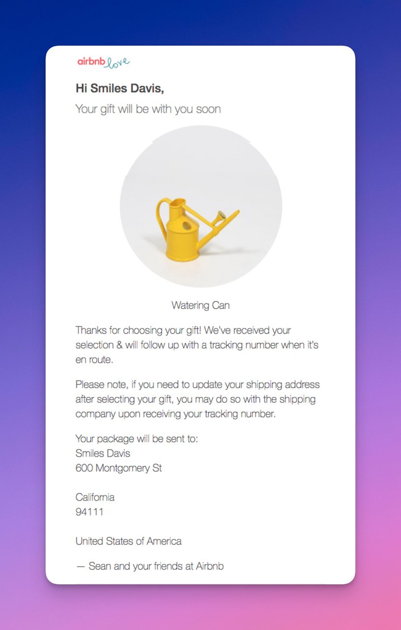 Airbnb confirmation email using a long text with yellow watering pot