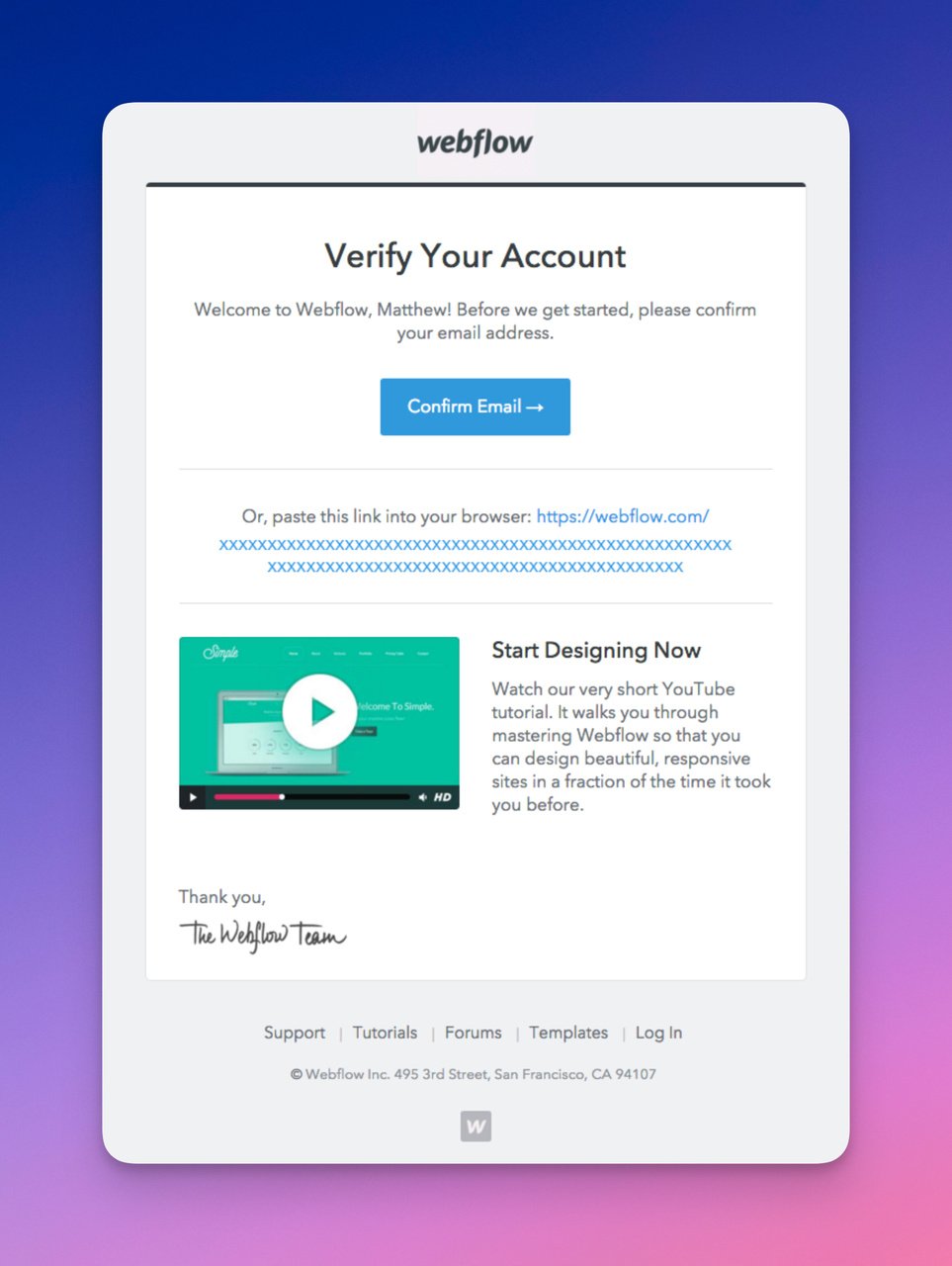 Webflow confirmation email with team signature