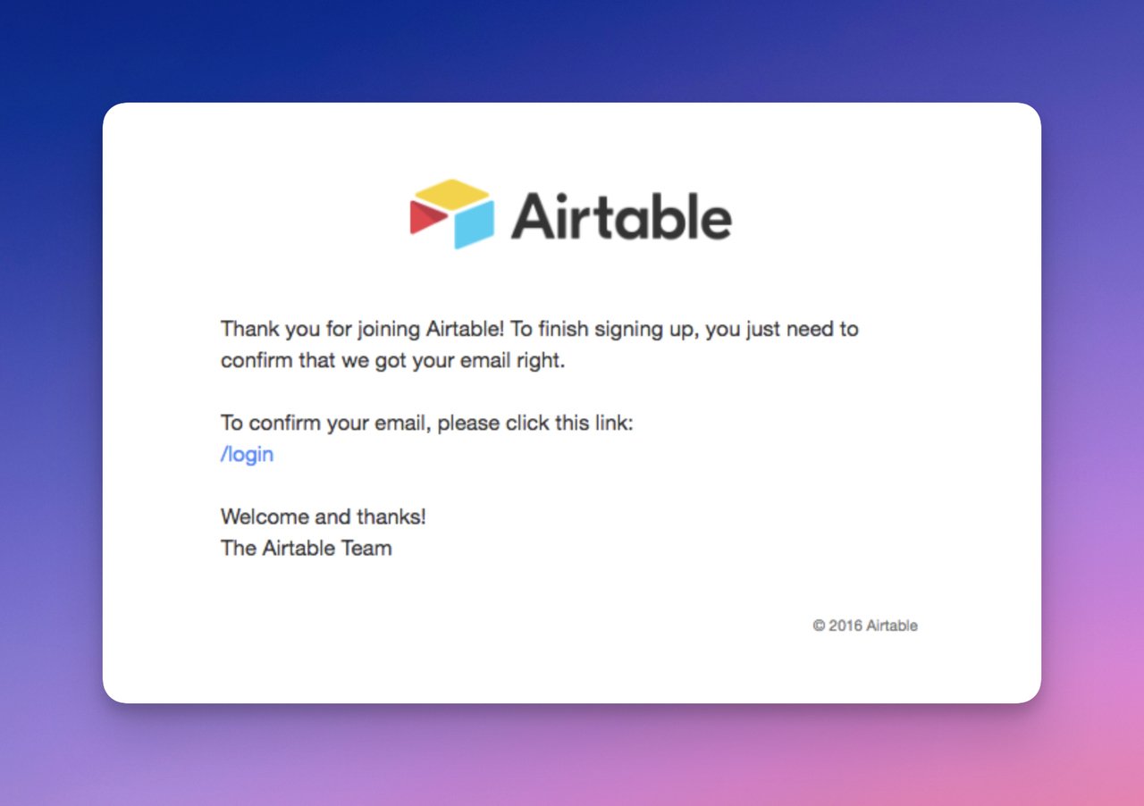 Airtable confirmation email with only three sentences