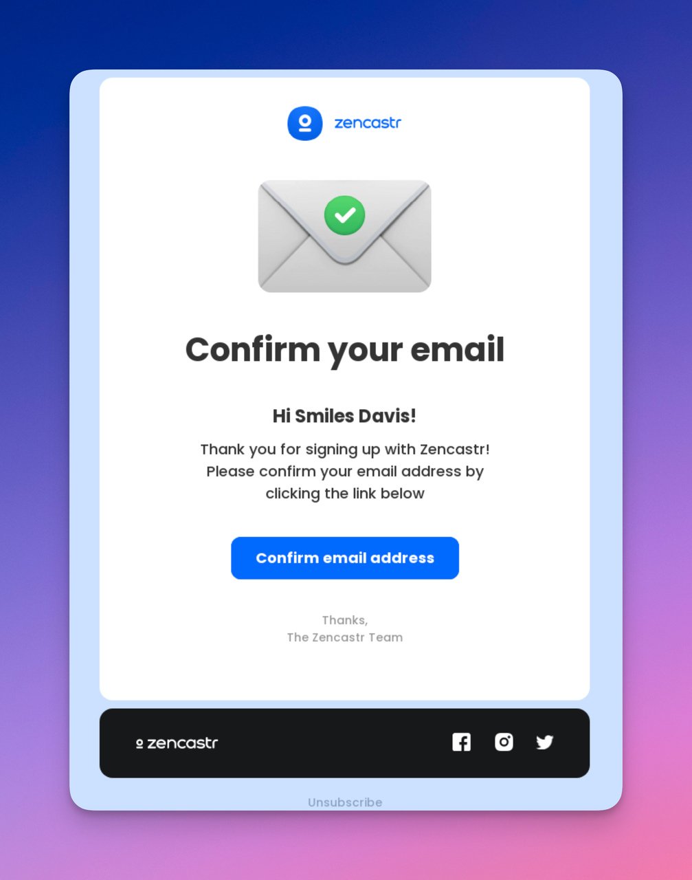 Zencastr confirmation email with an email icon