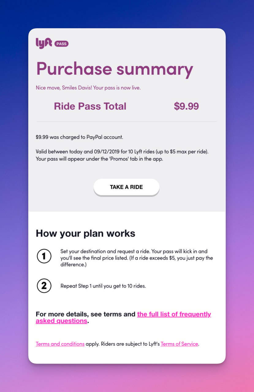 Lyft confirmation email sent as a purchase summary