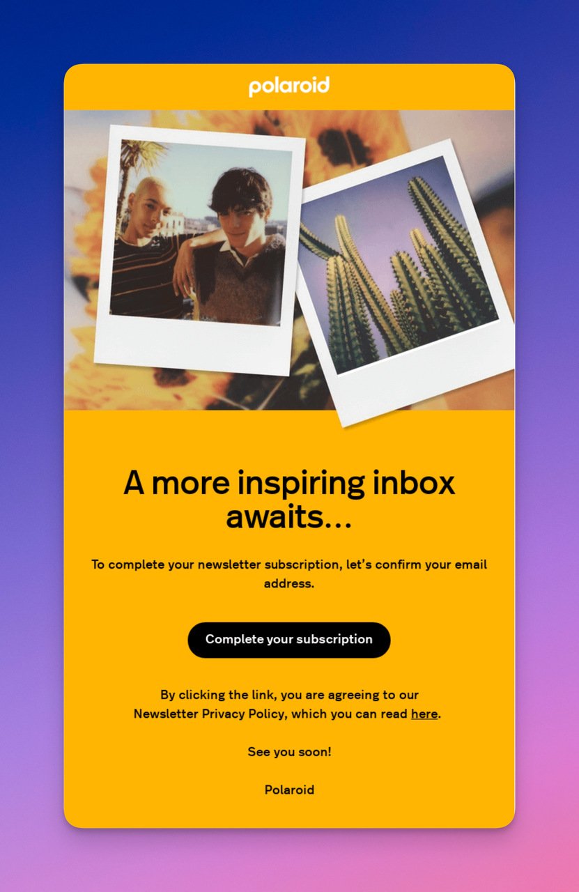 Polaroid confirmation email on a fully yellow background