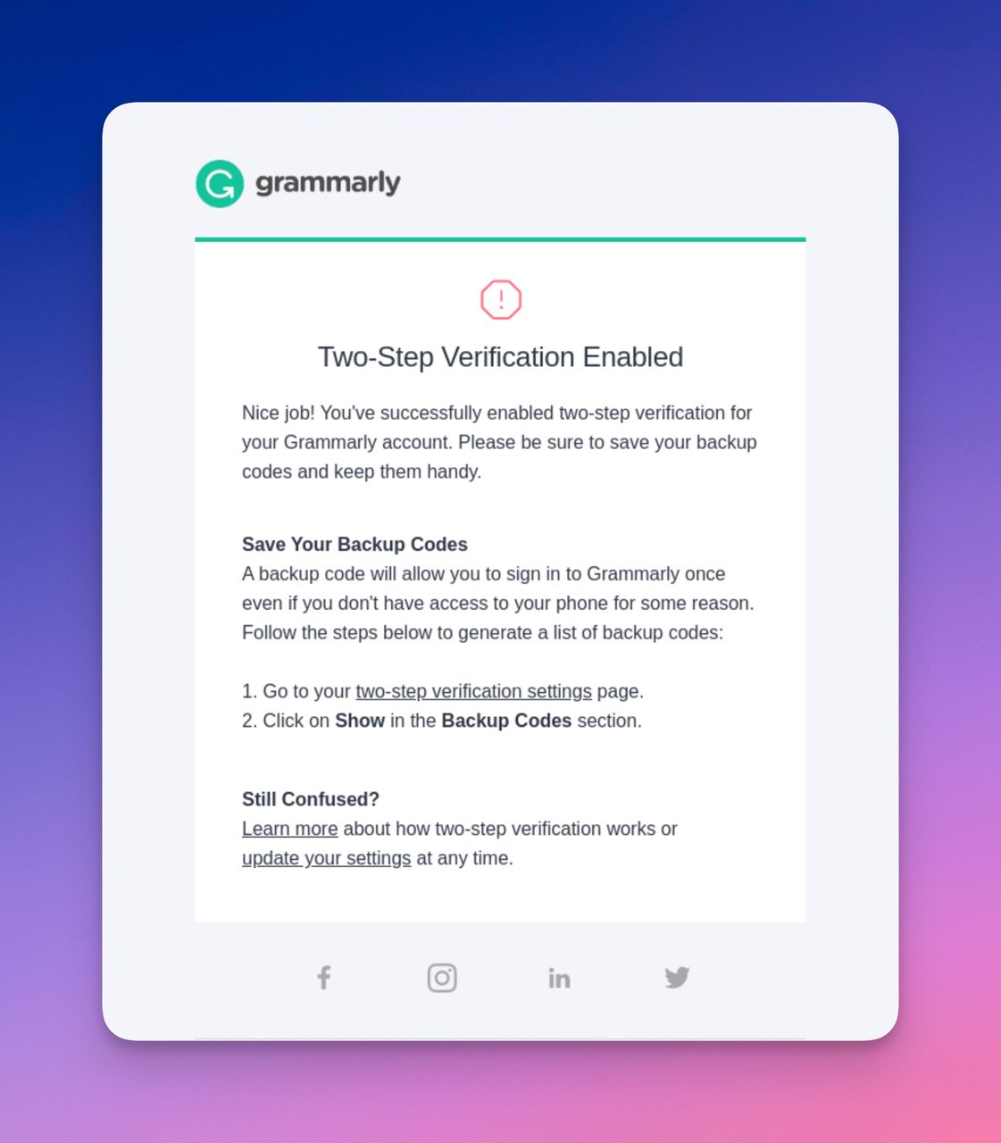 Grammarly confirmation email with the necessary details