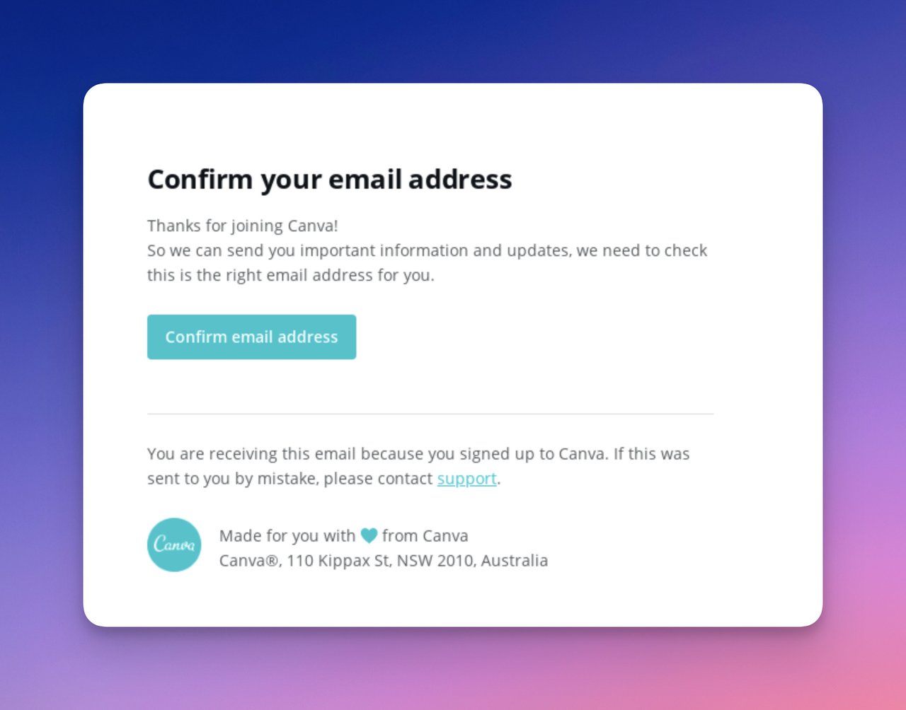 Canva confirmation email with its own brand colors