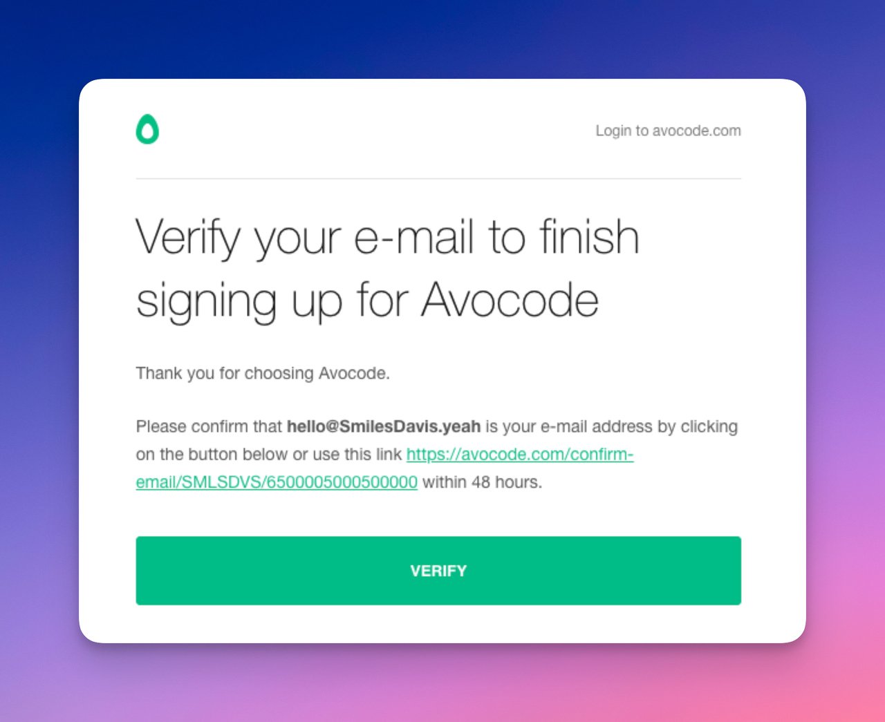 Avocode confirmation email as a short and simple example with green tones