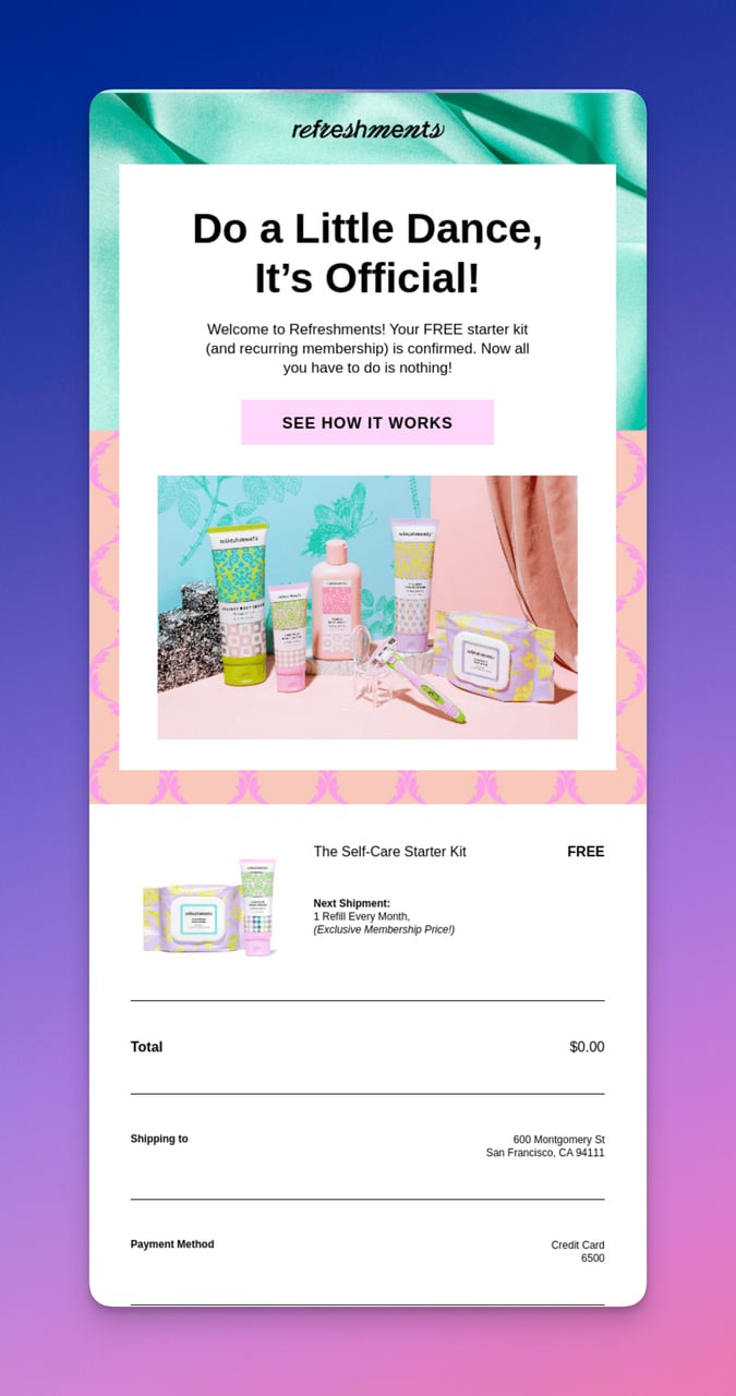 Ipsy confirmation email using the image of a beauty kit and shopping details