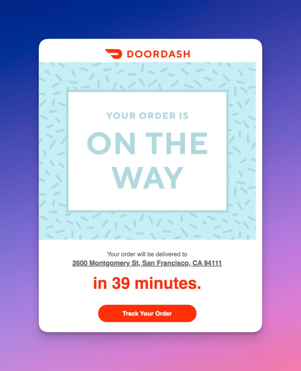 Doordash confirmation email with a signifying beginning image