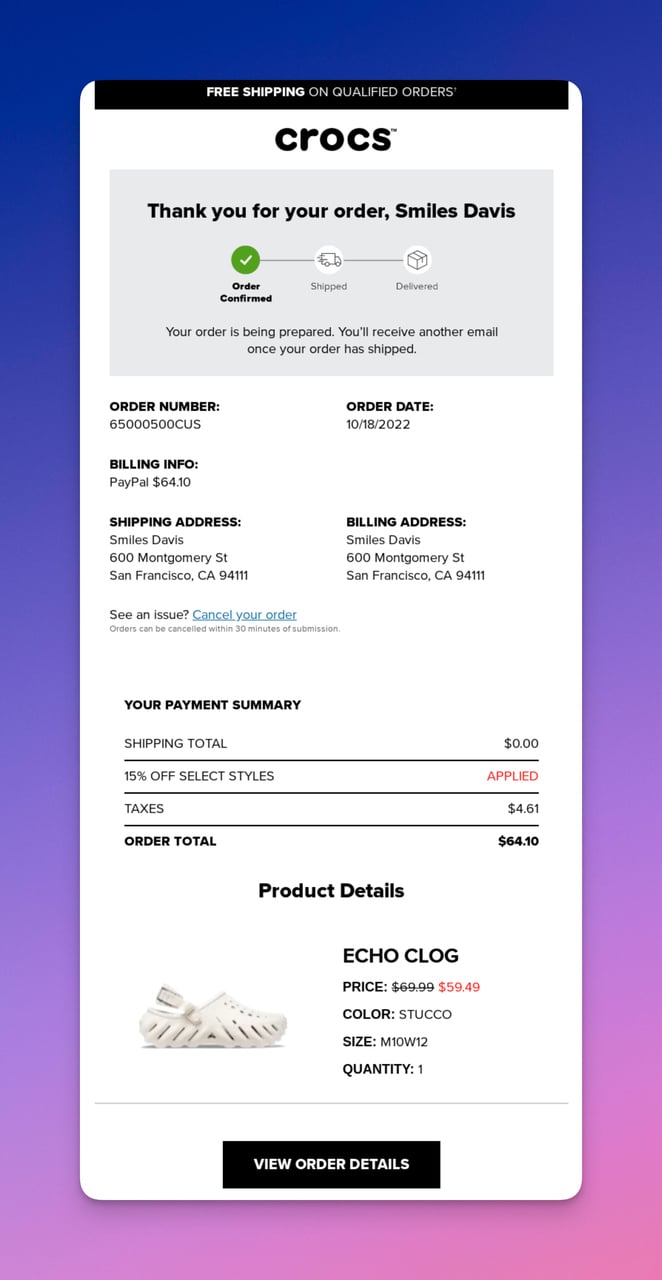 Crocs confirmation email with payment details