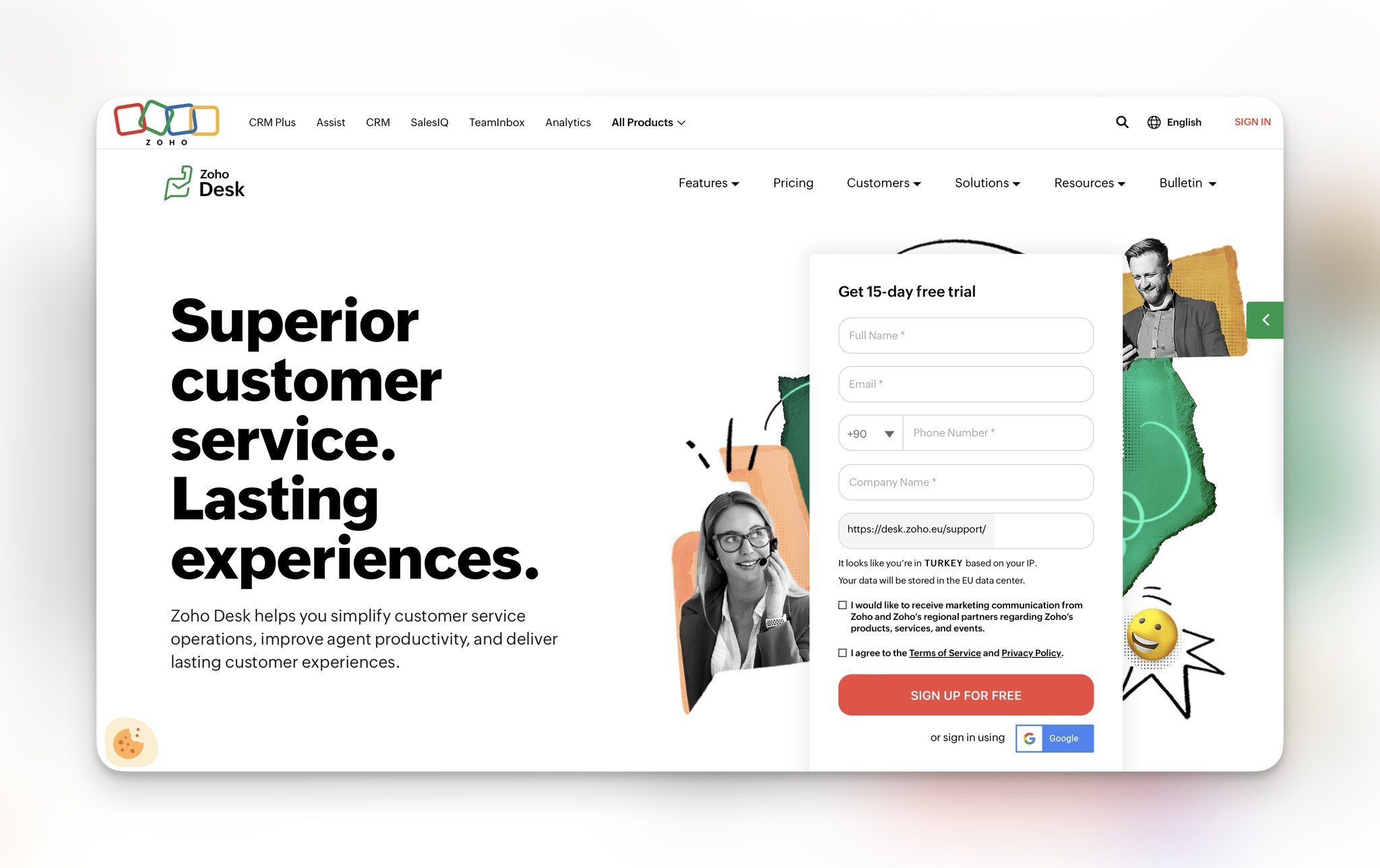 Zeho Desk's homepage with the headline "Superior customer service. Lasting experiences." and on the right, there is a form field window and black and white images of a male and a female with colorful design