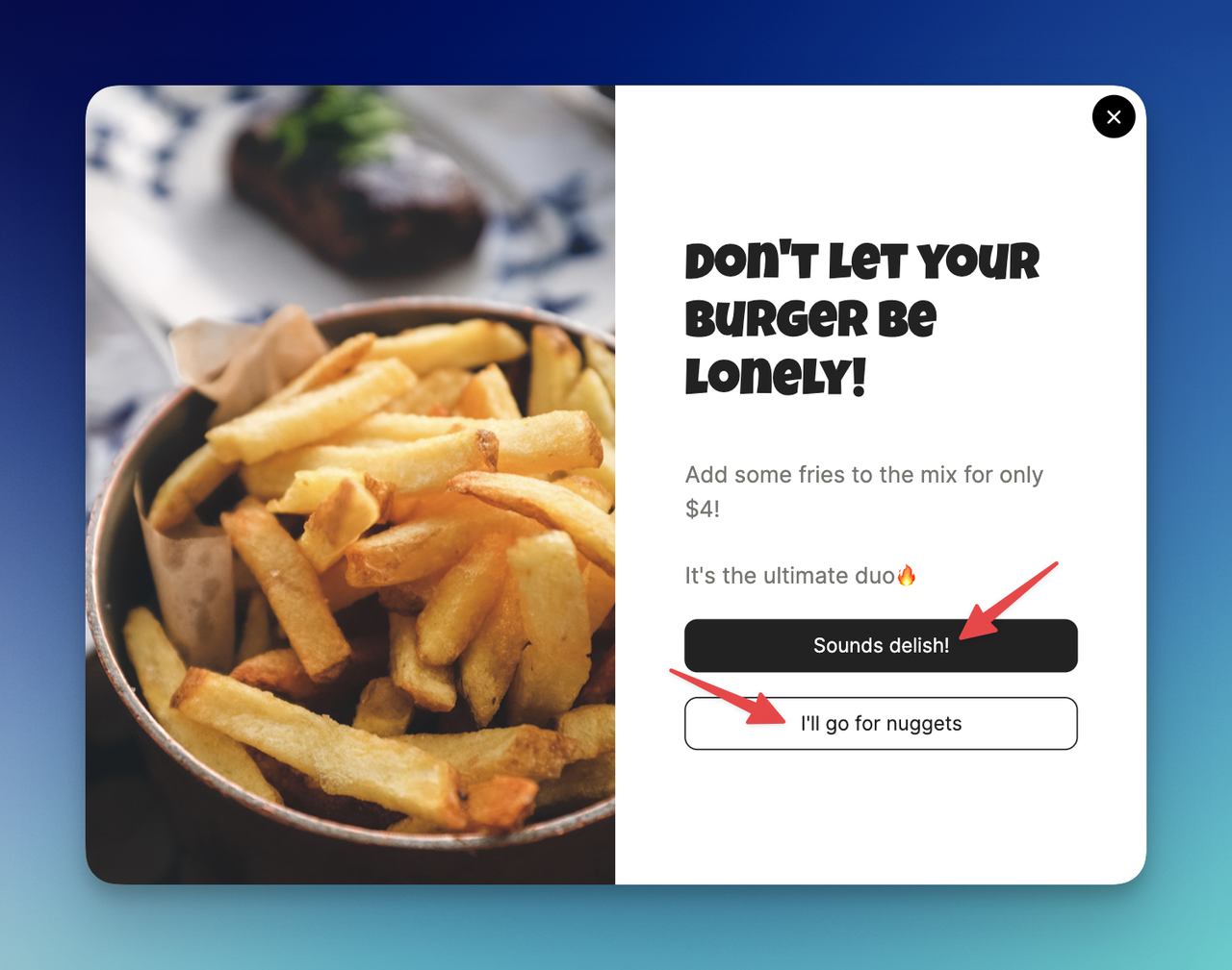 Good CTA example in a Popup with french fries photo on the left side