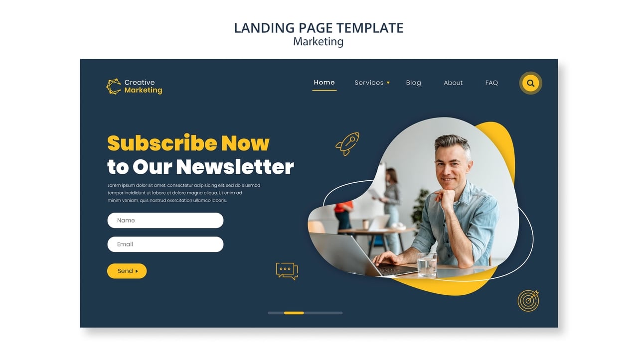 a landing page sample related to marketing area and a gray-haired man posing for the landing page