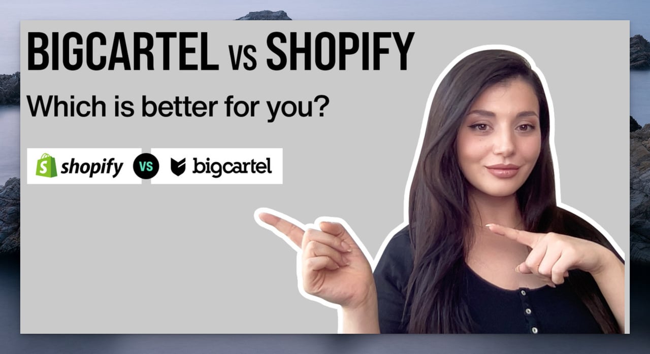 Popupsmart thumbnail for YouTube with the title "Big Carte vs. Shopify" in bold on the left, and on the right, there is a female pointing at the title