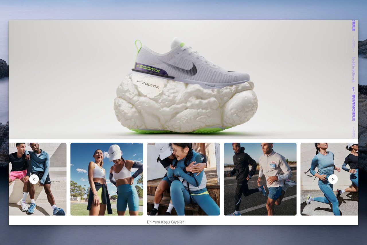 Nike's homepage featuring a shoe with a thick layer of foam beneath followed by the images of people wearing Nike