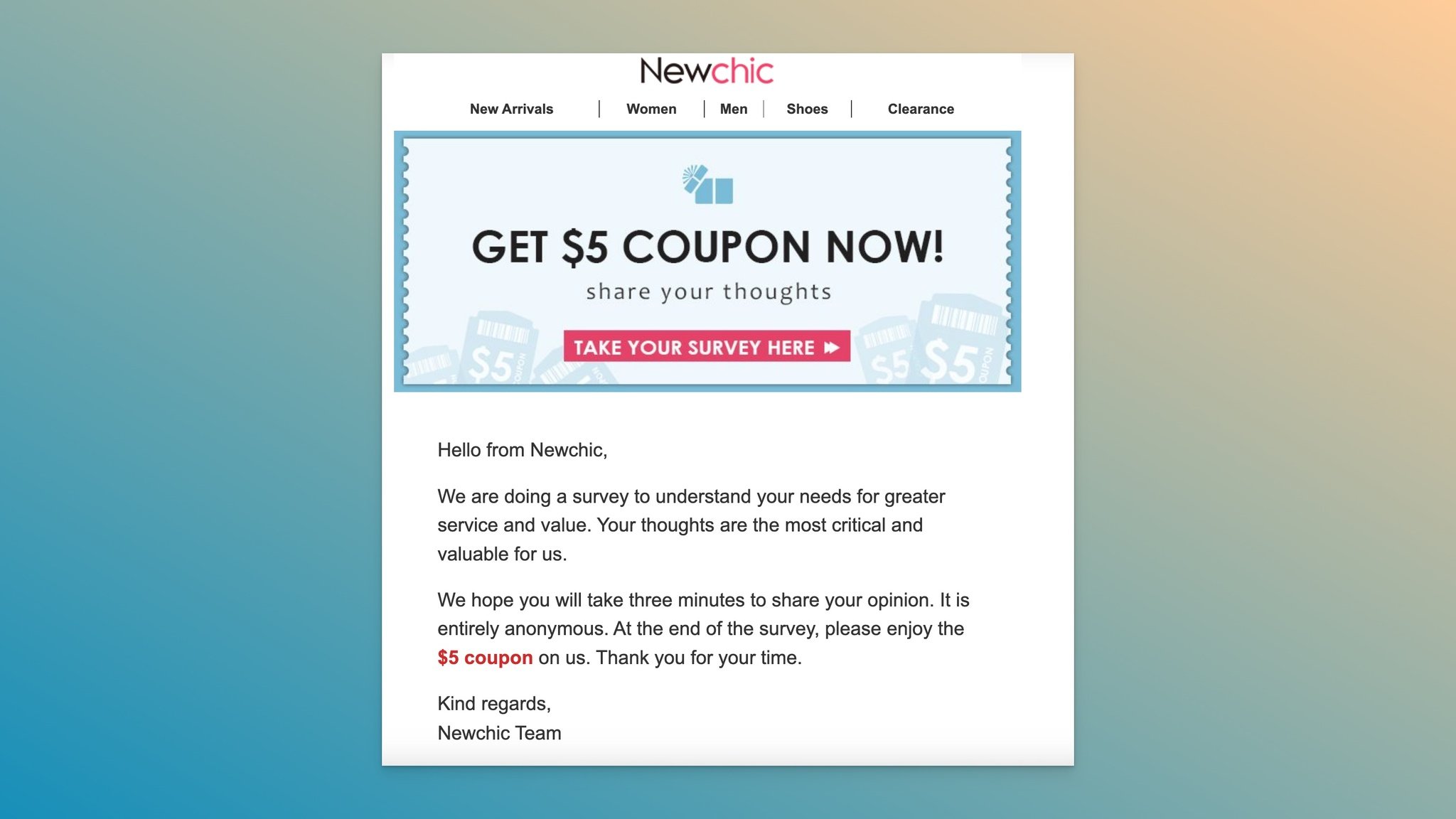 New Chic’s testimonial coupon code email example