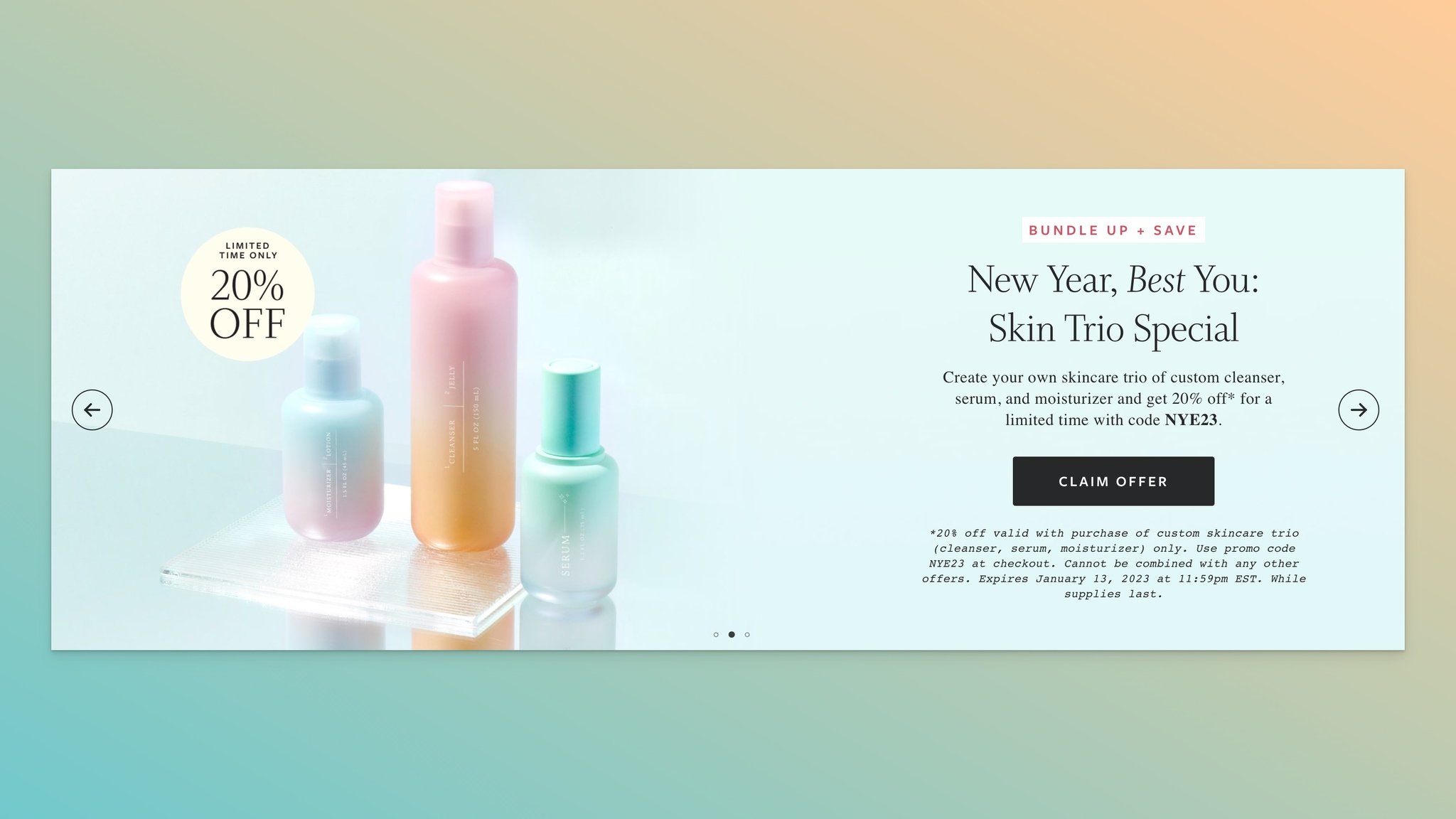 a skincare product brand Function of Beauty’s product bundle coupon code example that says “New Year, Best You: Skin Trio Special”