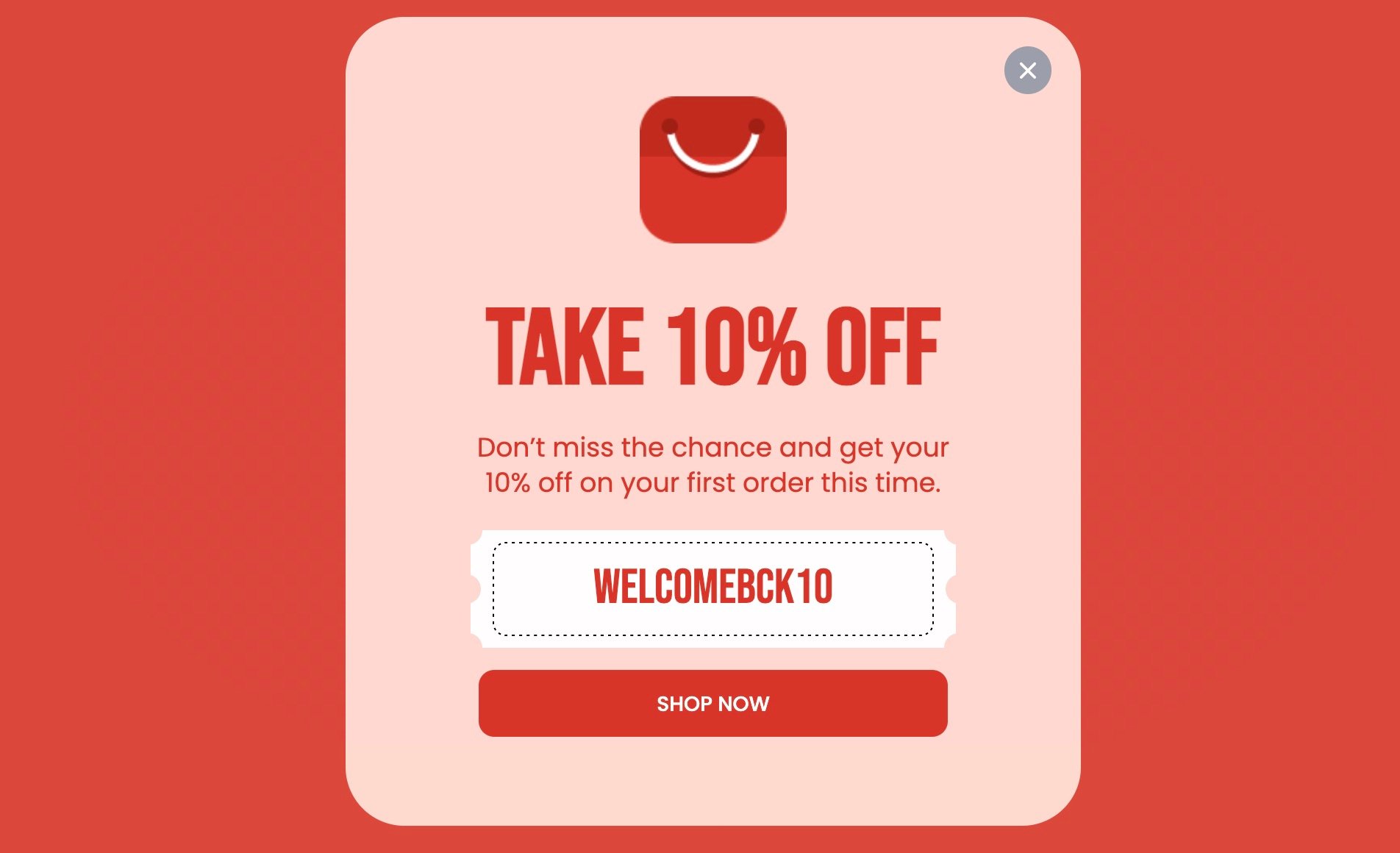 re-engagement coupon code popup that says “TAKE 10% OFF”