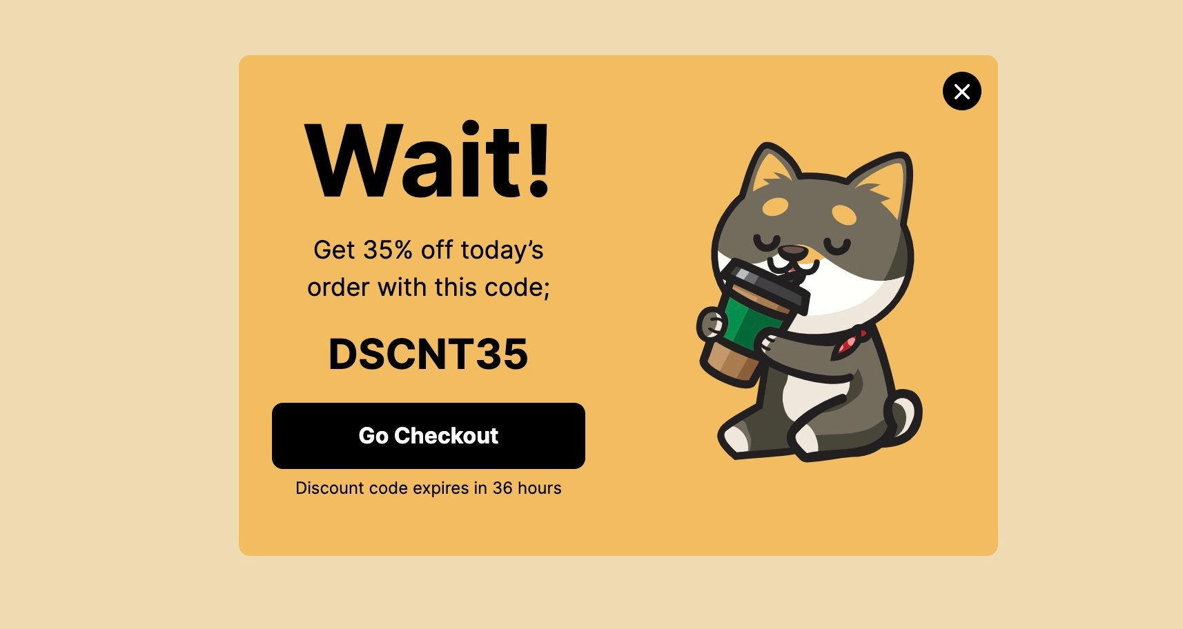 exit-intent coupon code popup example that says “Wait!”