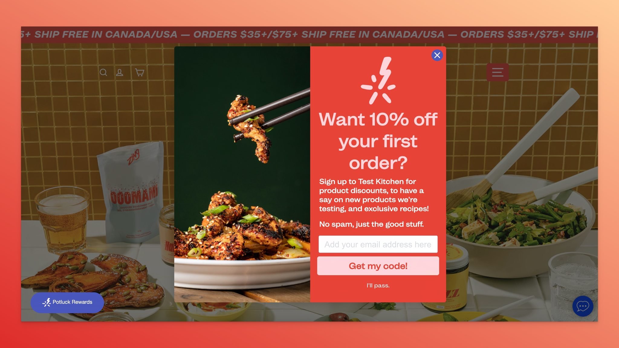 Cook with Zing’s newsletter-subscription-coupon-code popup example that says,”Want 10% off your first order?”