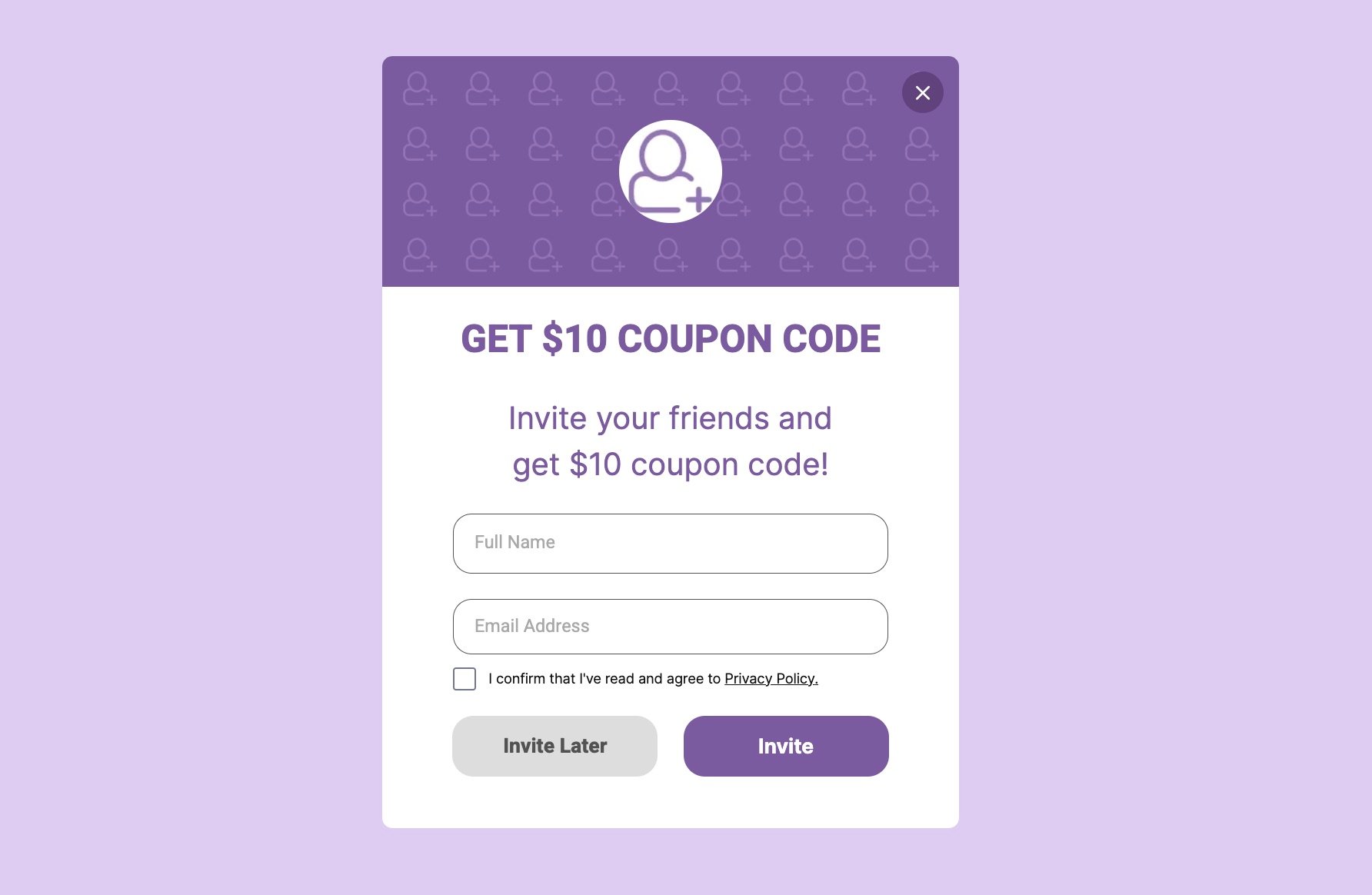 customer referral coupon code popup example that says “GET $10 COUPON CODE”