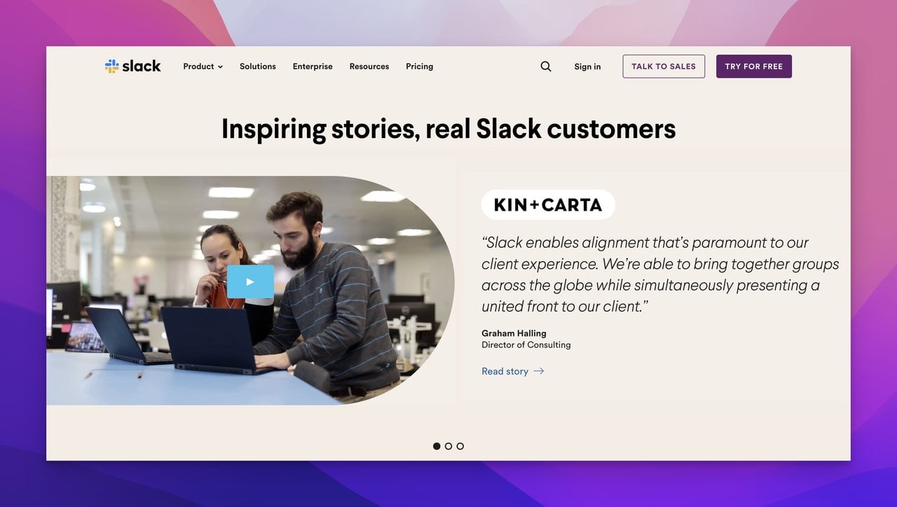 Slack customer stories and testimonial page with a video testimonial from a satisfied customer on the left side and a qoutation on the right side