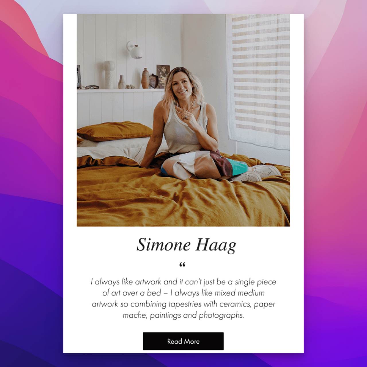 Bed threads brand's testimonial email campaign showing a girl sitting on her bed covered with the brand's bead sheets and a qoute about her exprience with the product