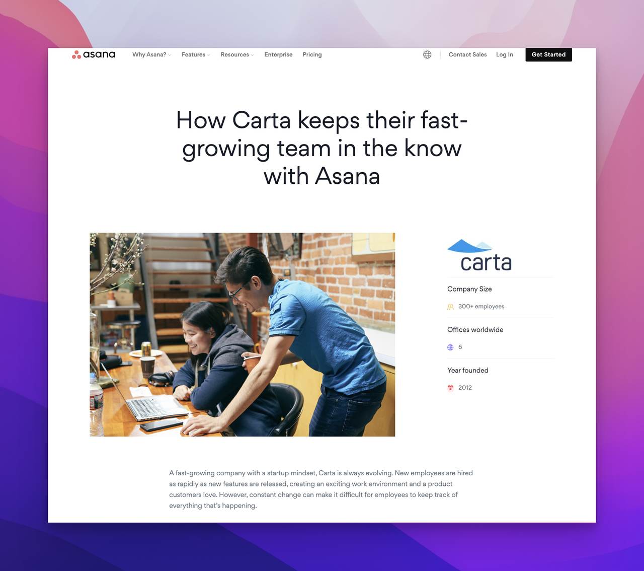 Asana's case study example with a title that says "How Carta keeps their fast-growing team in the know with Asana" and a picture of a man and a woman working