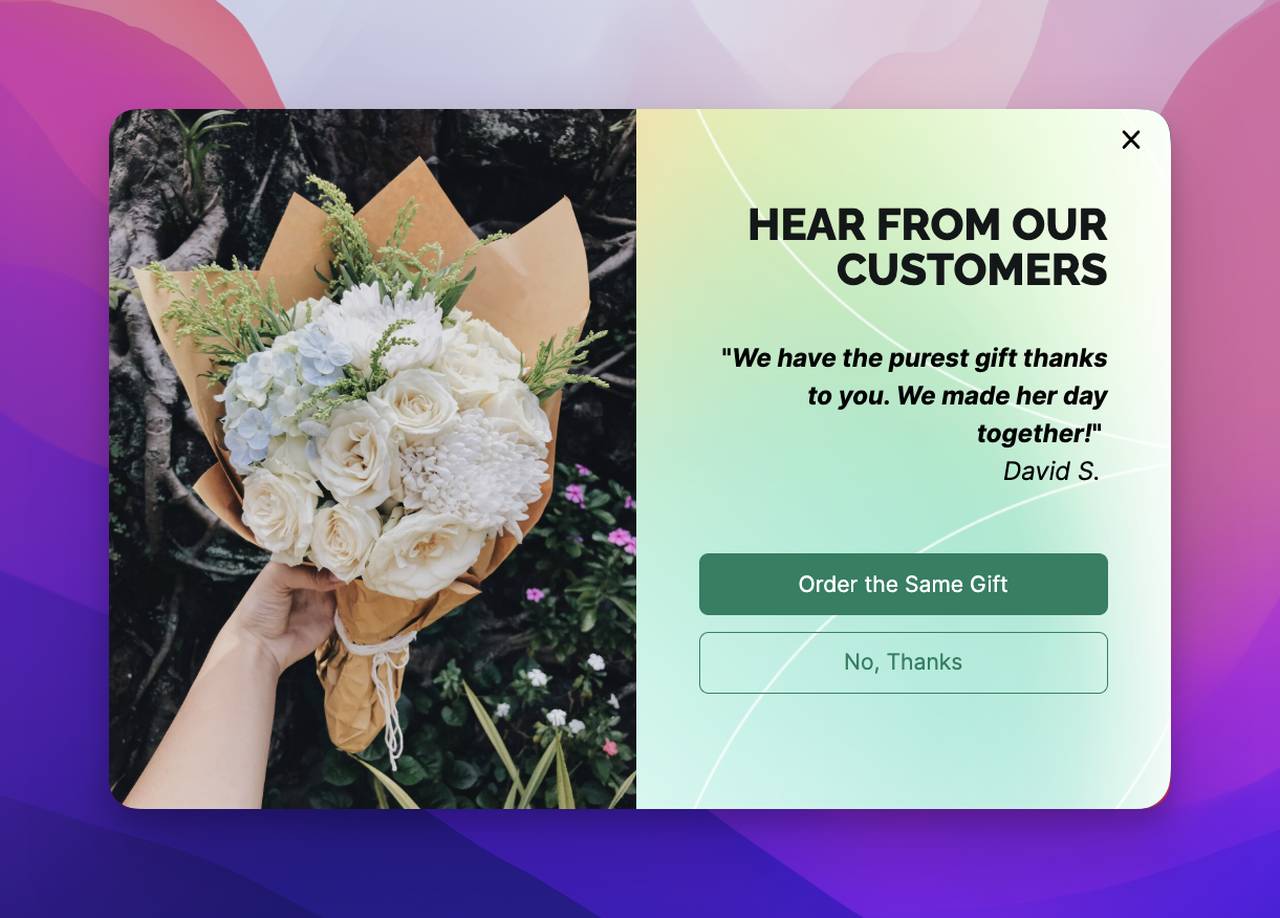 a review popup example template from Popupsmart that shows a picture of a flower bouquet on the left side and a review about the same product from a happy customer on the right side