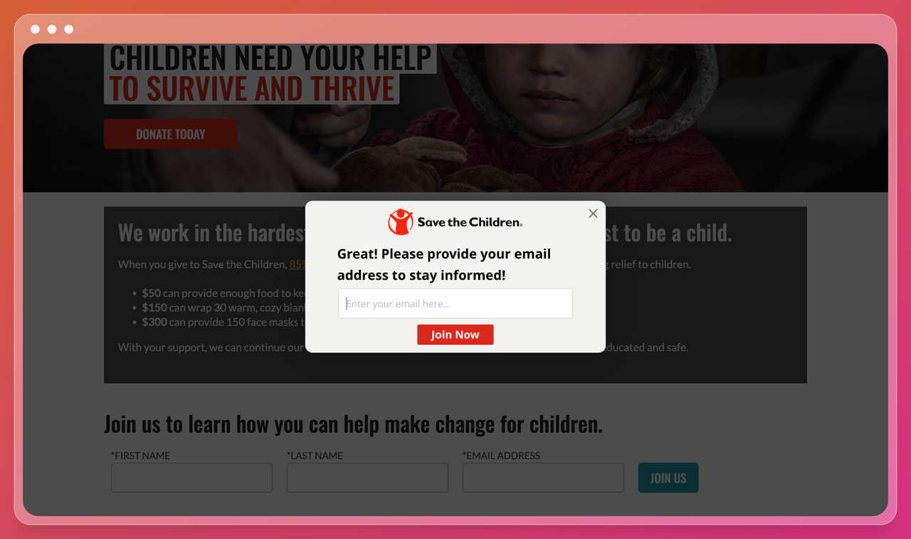 a nonprofit website screenshot with a simple popup that says great and asks for the visitors