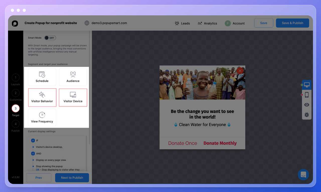 Popupsmart popup builder dashboard step seven showing the "Target" page with different features such as visitor behavior, visitors device