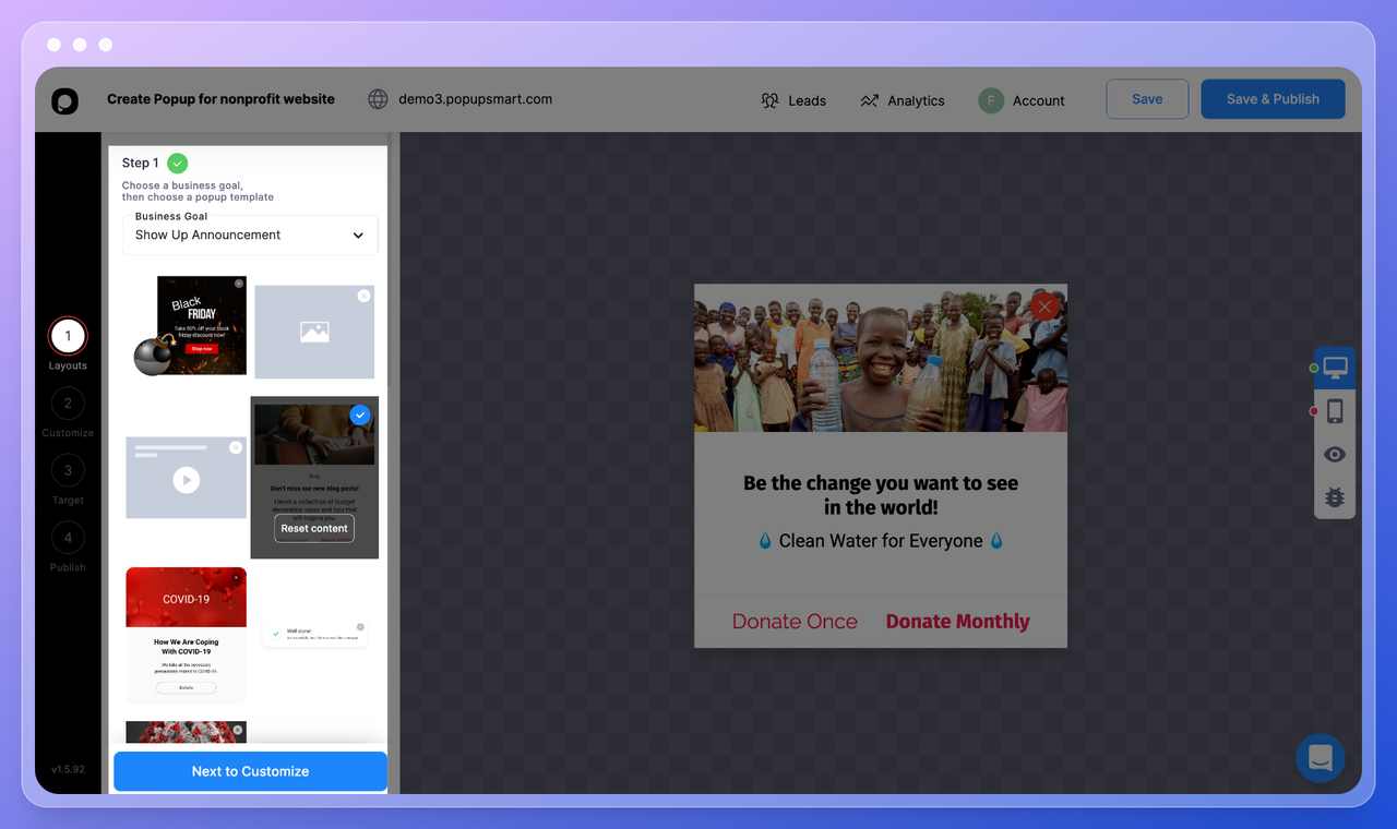 Popupsmart popup builder dashboard step four in the "Layout" page with different popup templates and examples