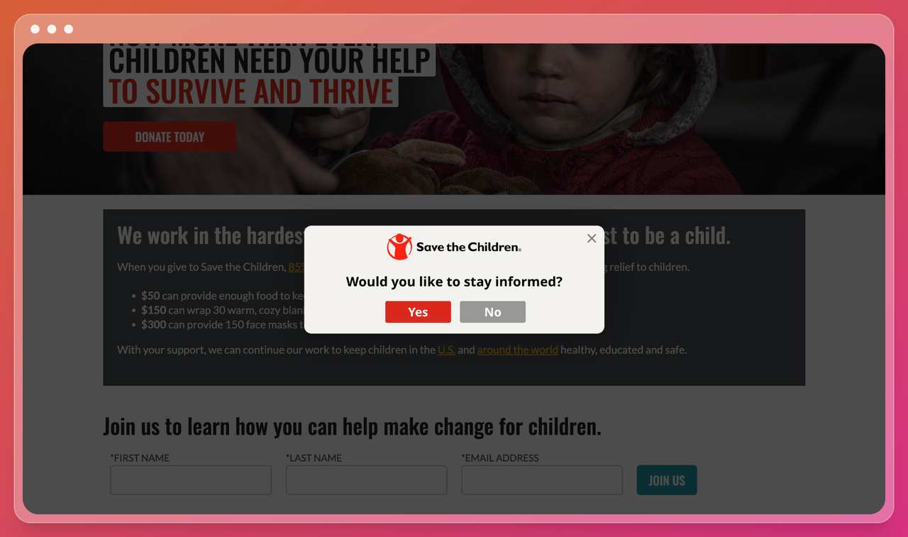 a nonprofit website screenshot with a simple popup that asks if the visitor would like to stay informed about the organization's mission