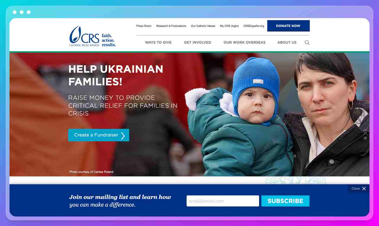 screenshot of the Catholic relief services nonprofit website with the picture of a woman and a baby in blue hat