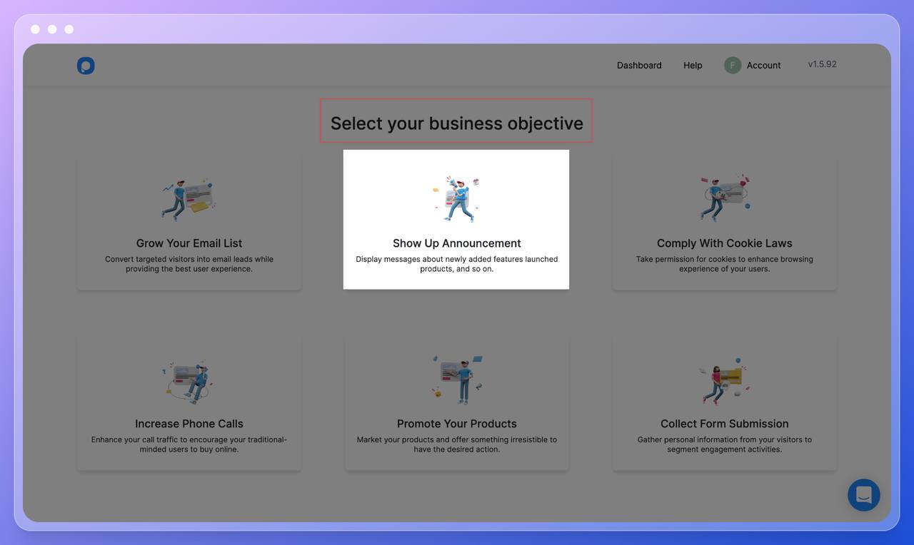 Popupsmart popup builder dashboard step two choosing the business objectives