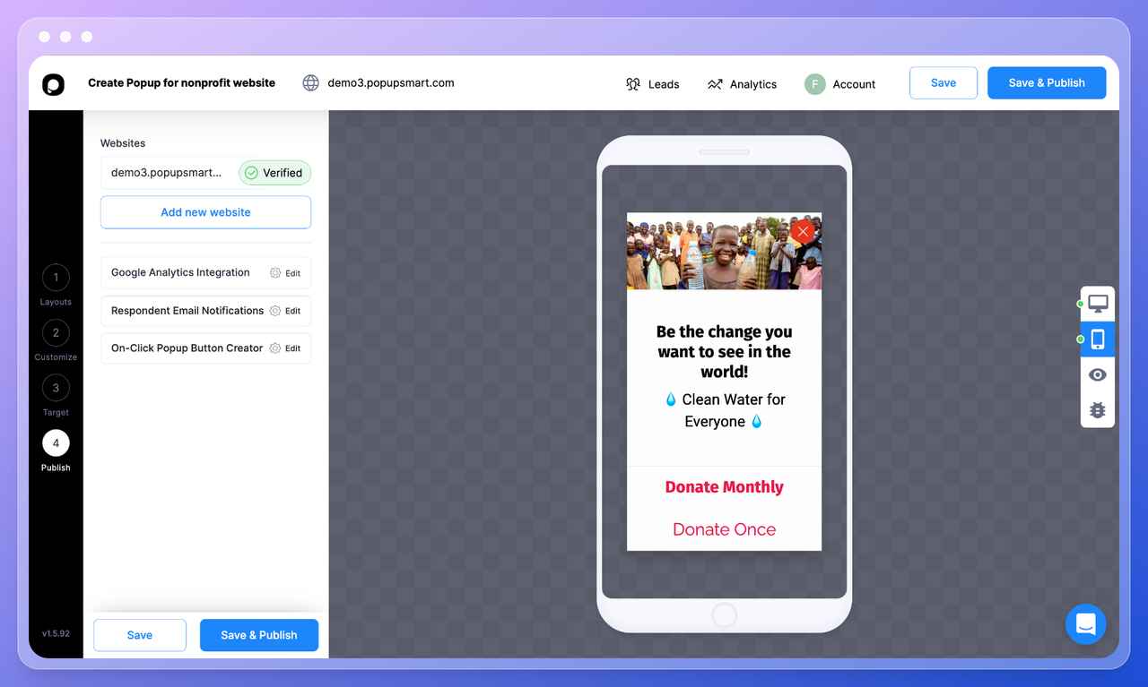 Popupsmart popup builder dashboard step eleven showing a preview of the popup in mobile devices