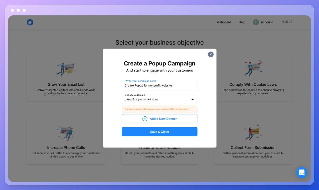 Popupsmart popup builder dashboard step three "Create a popup campaign" window that asks for the website domain and the campaign's name