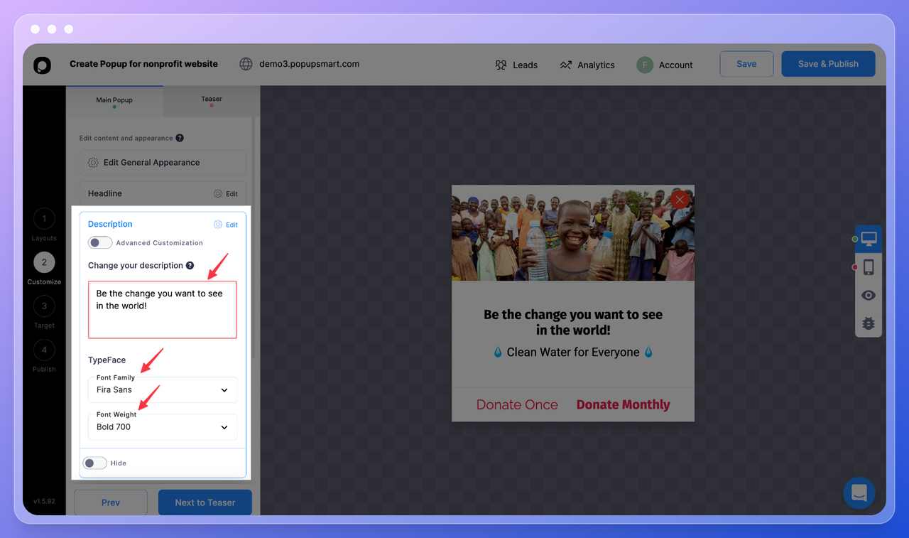 Popupsmart popup builder dashboard step six showing how the user can change the headline, font family, and font weight for the popup