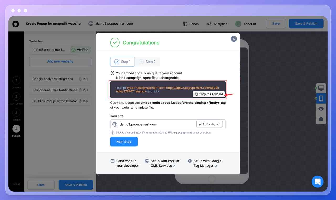 Popupsmart popup builder dashboard step twelve showing the popup code window with a unique code and a button that says "copy to clipboard"