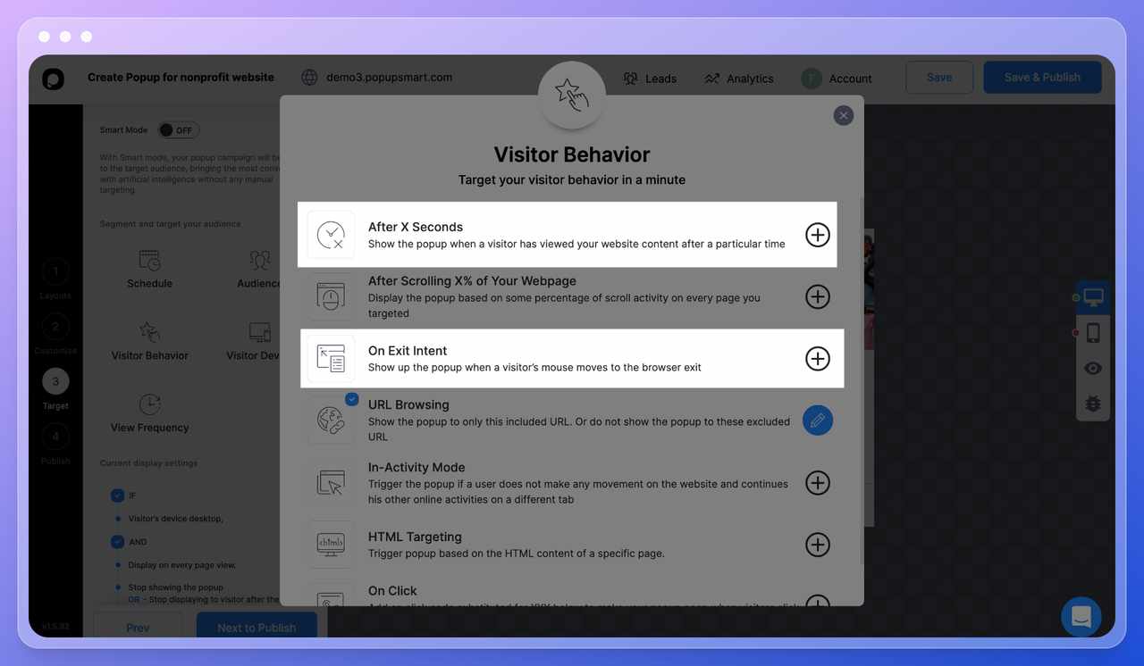 Popupsmart popup builder dashboard step eight showing the visitor behavior window with a list of features users can change to target the right audience