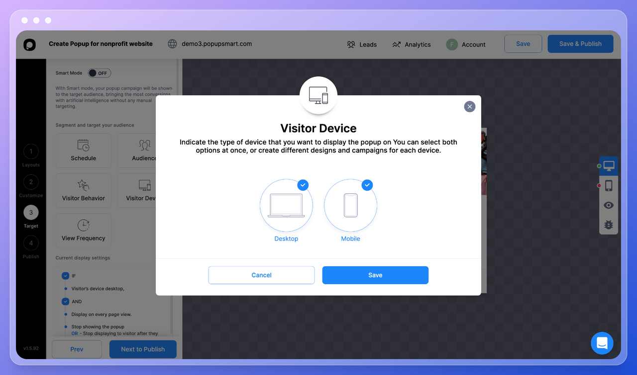 Popupsmart popup builder dashboard step nine showing the visitors' device window with two options of desktop and mobile