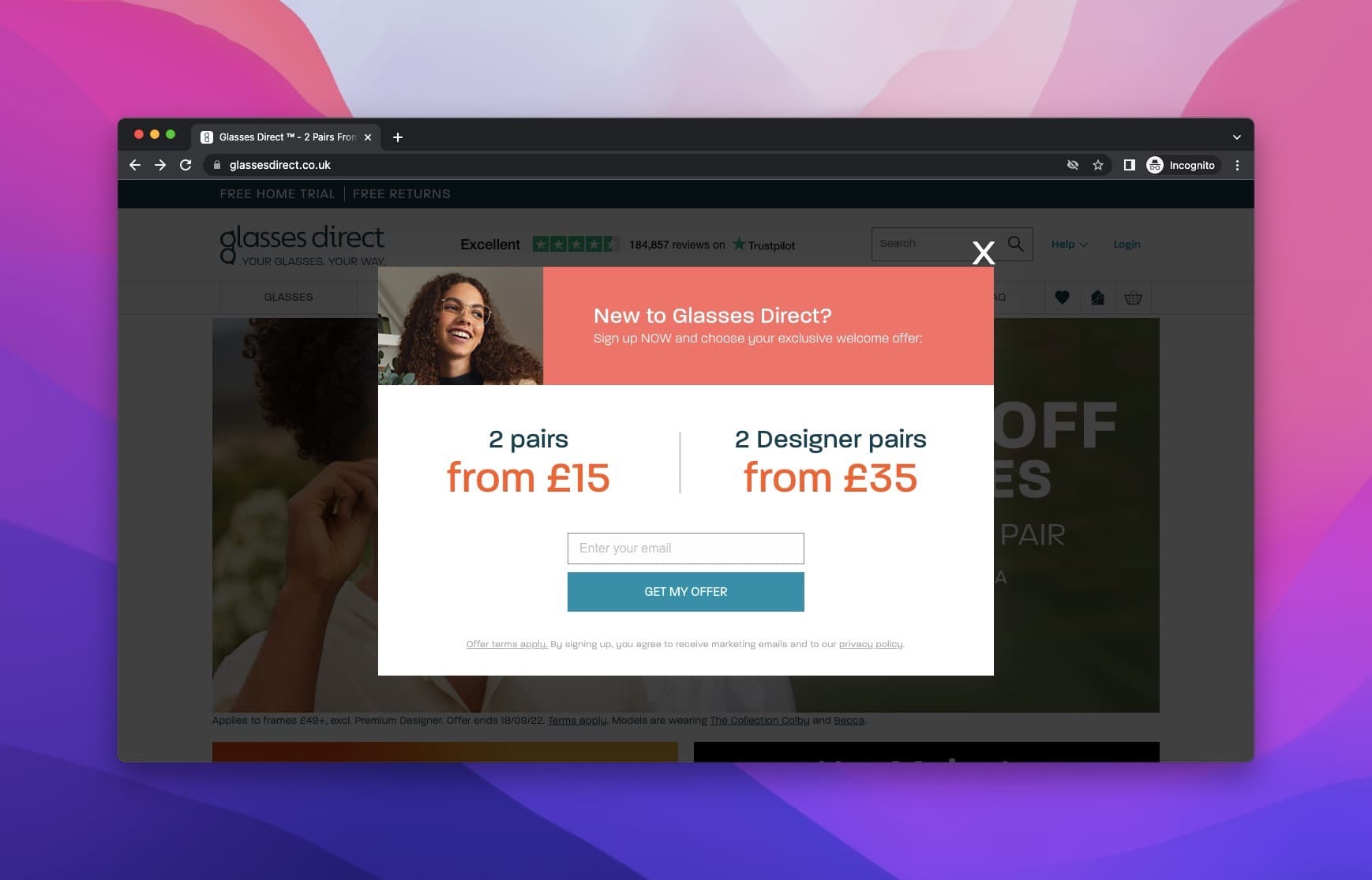 glasses direct homepage popup offering two different discount campaigns