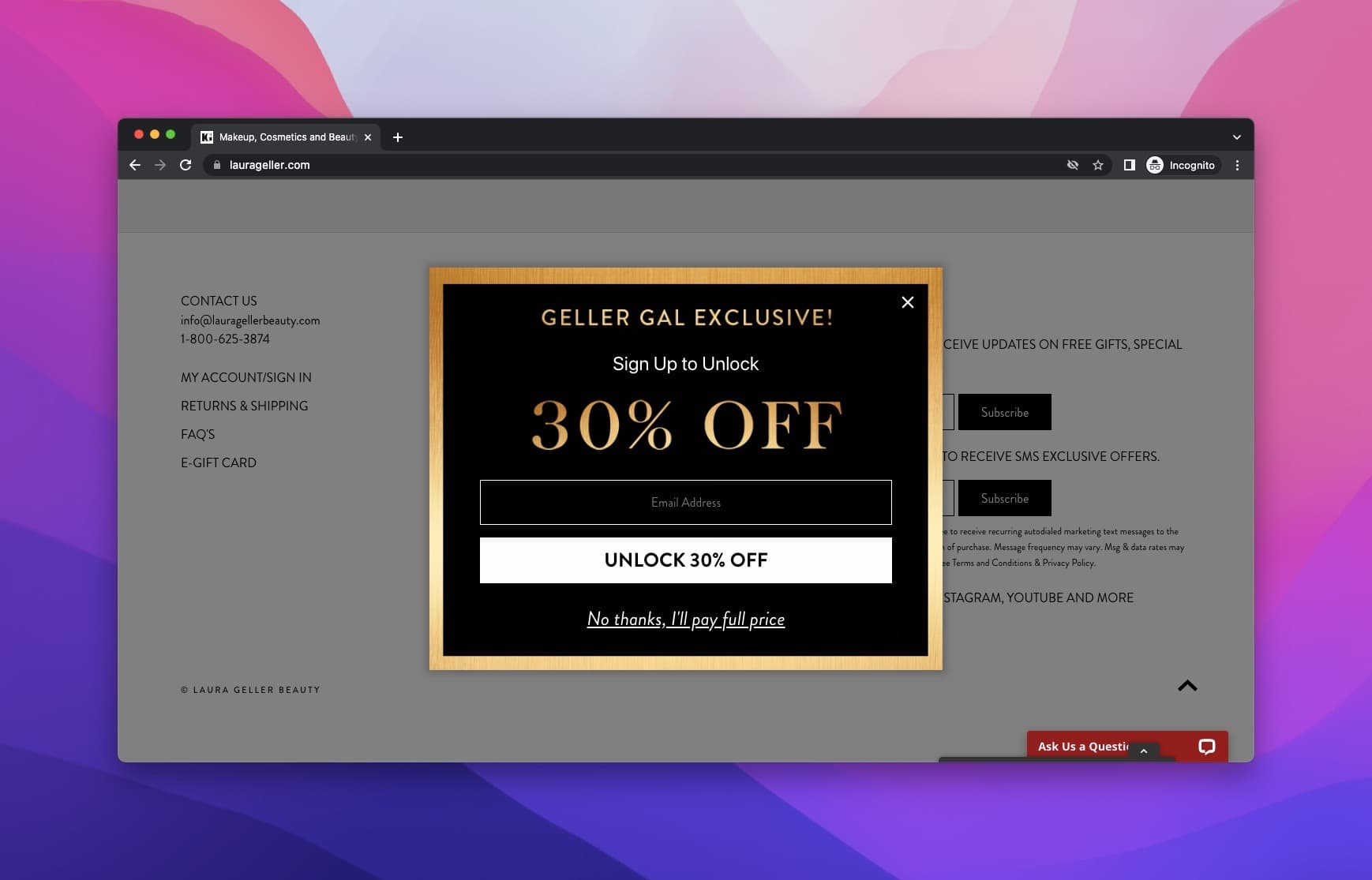 Laura Geller's homepage showing a black popup with a golden frame offering 30% off if you enter your email address